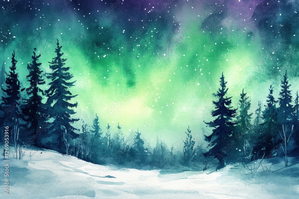 Fototapeta premium Stunning aurora borealis lights up a snowy landscape under a starry sky in winter. Generative AI