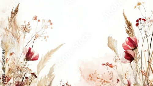 Fototapeta Naklejka Na Ścianę i Meble -  Pressed Flowers & Dried Grasses, Elegant Floral Border, Abstract Watercolor Background