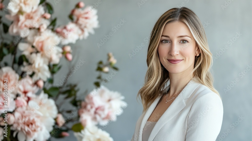 Professional woman portrait, studio, flowers, confident Professional woman portrait, studio, flowers, confident