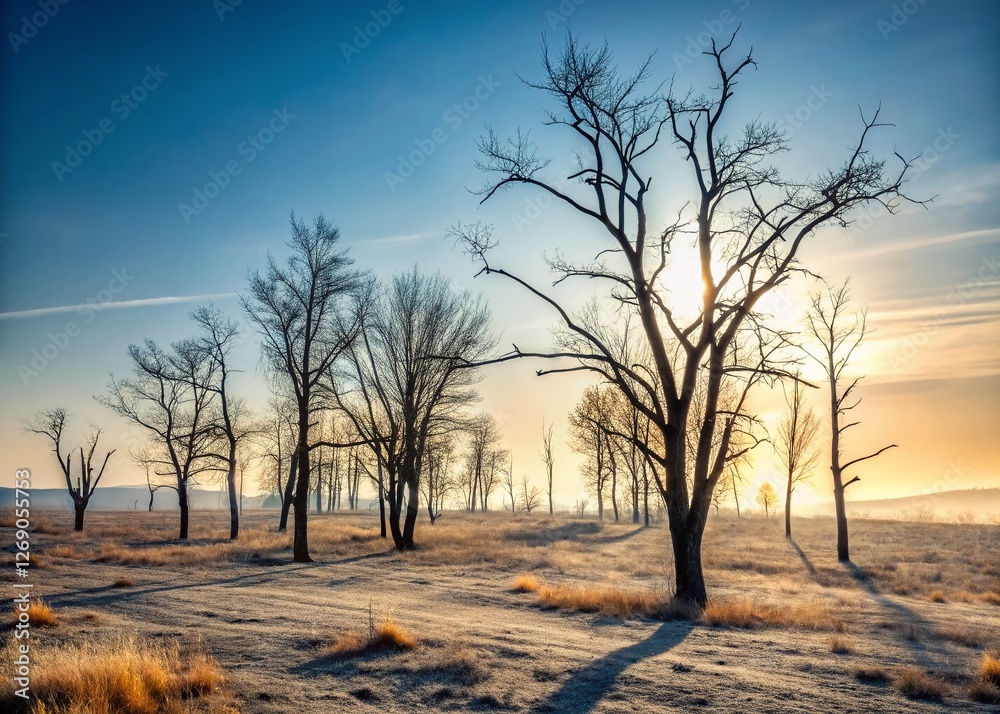Fototapeta premium Minimalist Charred Trees Desolate Meadow Post-Wildfire Stock Photo