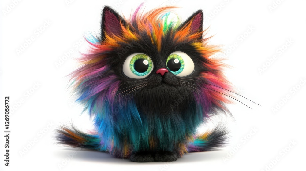 Fototapeta premium Colorful Fluffy Cat with Big Eyes, Isolated on White Background, a Cartoon Style
