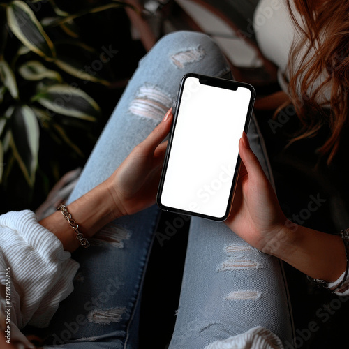 Woman in jeans holding a blank smartphone screen photo