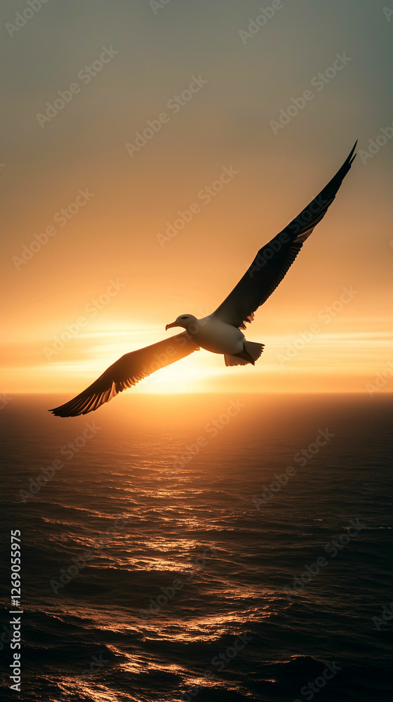 Naklejka premium Majestic albatross soaring above the ocean at sunset, capturing nature's beauty and freedom in flight
