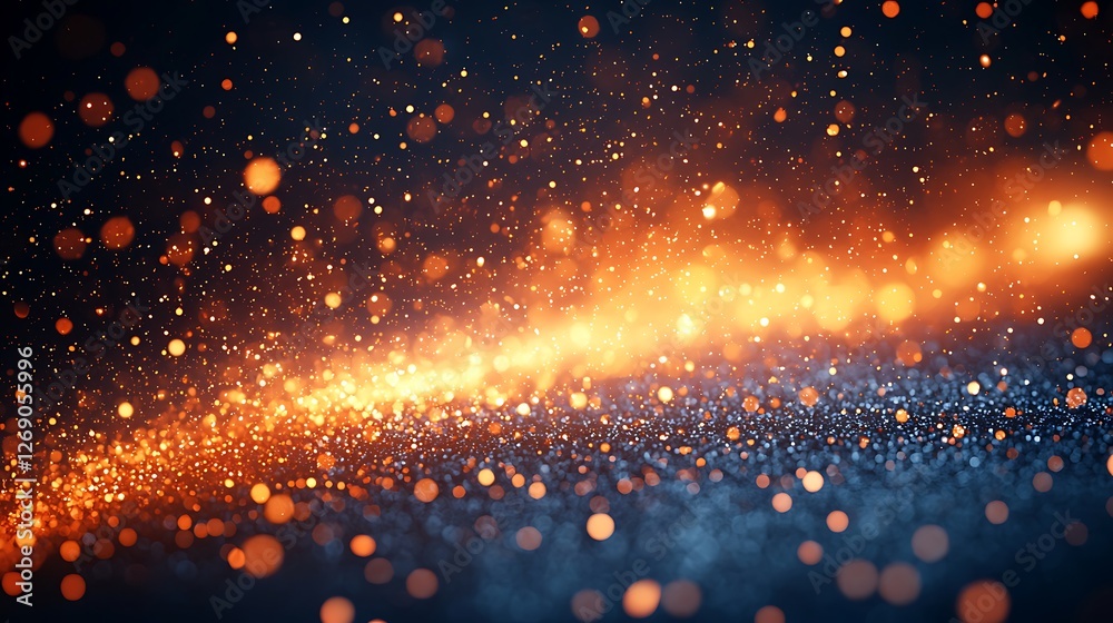 Fototapeta premium Glittering gold and blue particles swirl, dark background, festive design element