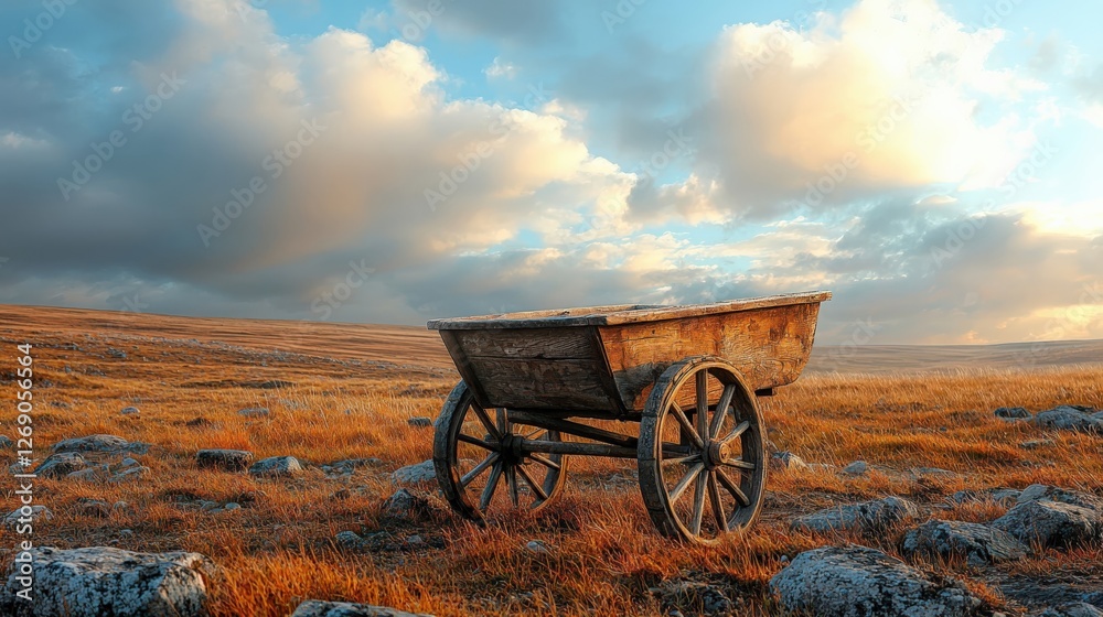 Rustic Wooden Cart on Serene Open Landscape at Sunset Rustic Wooden Cart on Serene Open Landscape at Sunset