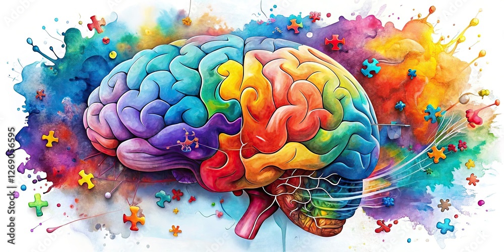 Fototapeta premium Floating watercolor brain fragments depict the mind's complexity, exploring cognitive function and mental well-being.