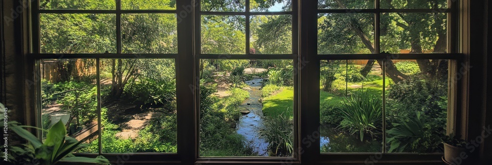 Serene Garden View Through a Window Pane Serene Garden View Through a Window Pane