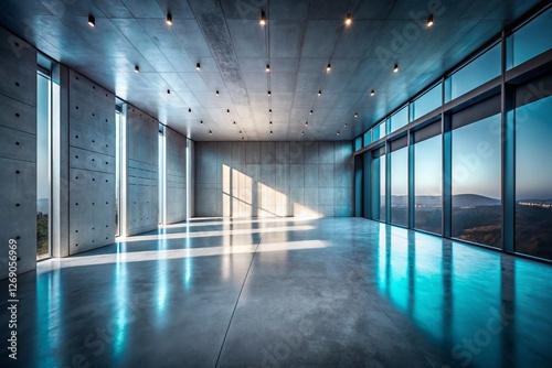 Minimalist Dimly Lit Room with Concrete Floor  Dramatic Shadows  Empty Space - Stock Photo