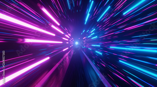 3D illustration depicting a retro neon hyper warp space flight in a tunnel.