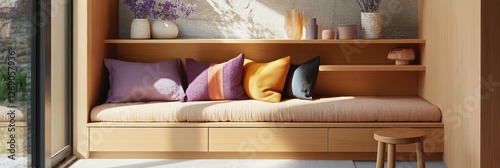 Wallpaper Mural Sunlit Wooden Bench With Colorful Pillows And Decor Torontodigital.ca