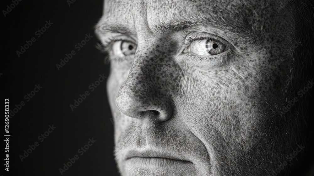 Obraz premium A creative and artistic black-and-white portrait of an adult with freckles. The use of monochromatic tones brings out the contrast and texture of the freckles, highlighting their unique patterns.