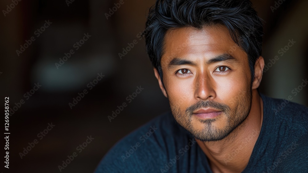 Close-up portrait of a confident man with dark hair and a strong jawline, set against a blurred background Close-up portrait of a confident man with dark hair and a strong jawline, set against a blurred background