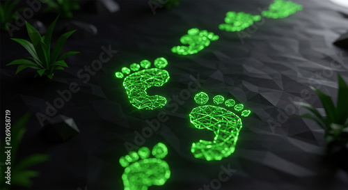 Futuristic ecological footprint concept with glowing low poly human foot prints trail made of leaves photo