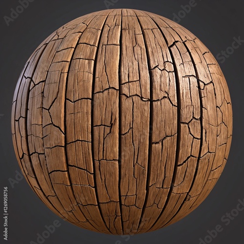 Cracked wood sphere texture; digital rendering, game asset