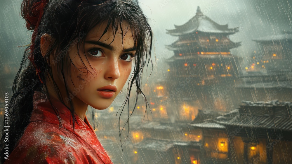 Obraz premium A female cyborg with glowing implants gazes at a futuristic city, neon lights illuminating the streets beneath a dark sky.