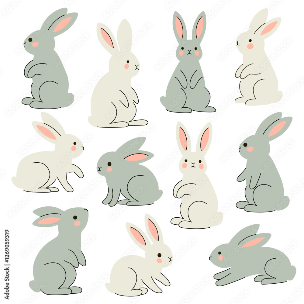Vector illustration featuring a set of adorable white and gray rabbits in various poses. Perfect for Easter-themed designs, children's illustrations, greeting cards, and textiles.