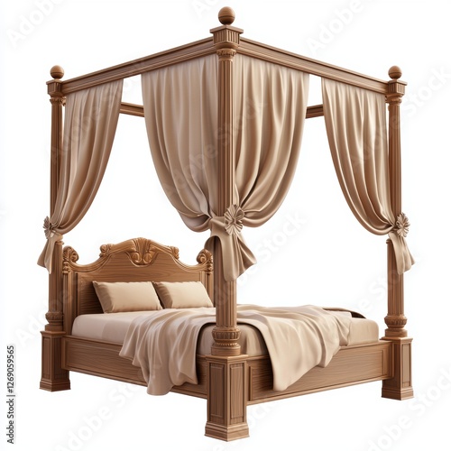 Wooden four-poster bed with elegant drapery isolated on white