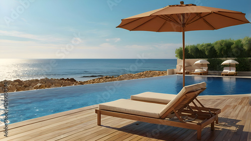 Wallpaper Mural view of a sunny summer day, beach and sun on sunbathing deck, pool, offer a luxurious and tranquil setting, with a panoramic sea view  Torontodigital.ca