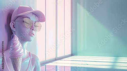 Pastel Dreams: Serene statue-like figure with a pink baseball cap and sunglasses enjoys a soft-serve ice cream cone, bathed in a dreamy pastel light.