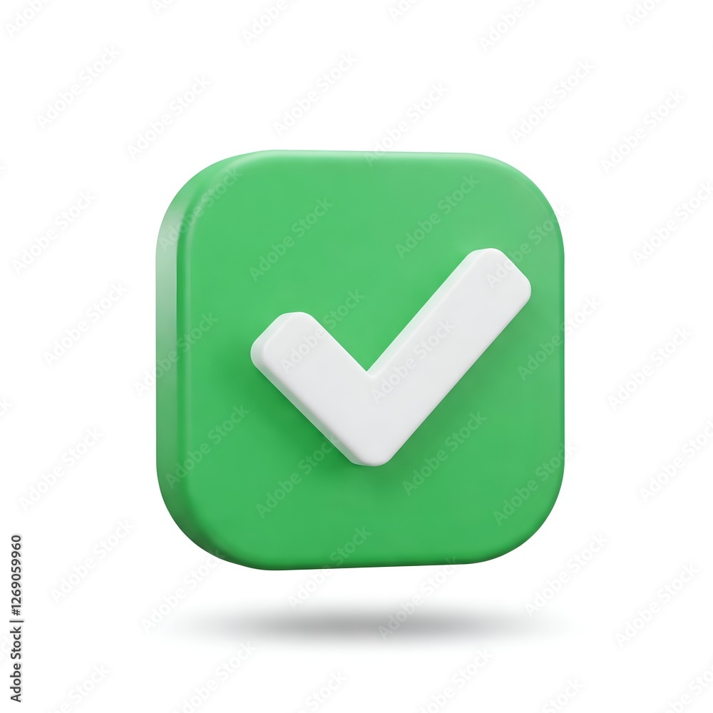 Green Check Mark Icon: A clean and modern 3D rendered green square button with a prominent white checkmark, symbolizing completion, approval, or success. Perfect for website design, app interfaces. Green Check Mark Icon: A clean and modern 3D rendered green square button with a prominent white checkmark, symbolizing completion, approval, or success. Perfect for website design, app interfaces.