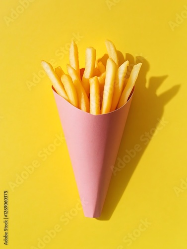 French fries in a paper cup and paper cornet ON YELLOW BACKGROUND