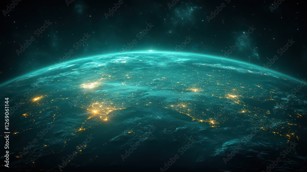Fototapeta premium A flat, animated digital Earth with a grid overlay and light beams connecting continents, featuring glowing edges for a modern, cyber look.