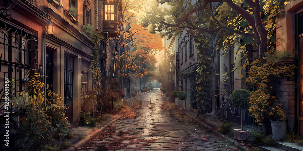 Fototapeta premium Peaceful European Alleyway with Golden Foliage and Rustic Charm 