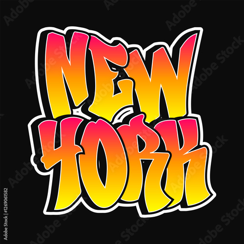 The word New York written in graffiti style typography with a vibrant color gradient and a white outline