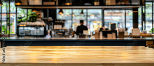 Empty light wood table, blurred cafe background photo