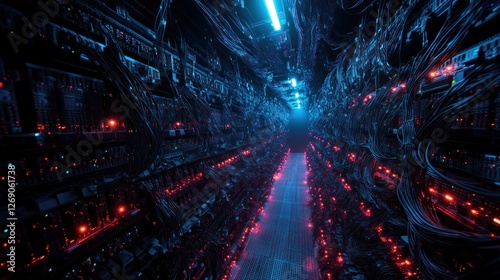 a telecommunication data center filled with endless rows of servers, connected by glowing fiber optic cables transmitting high-speed internet signals