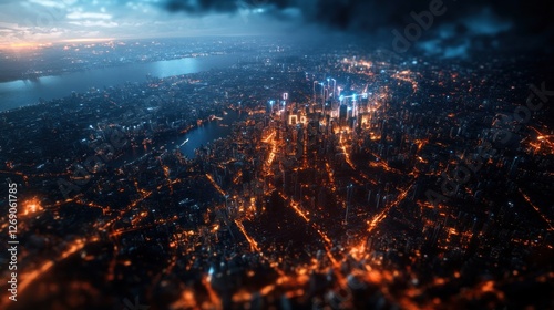 A stunning telecommunications landscape shot in the studio, featuring a dense urban environment covered in glowing 6G network nodes