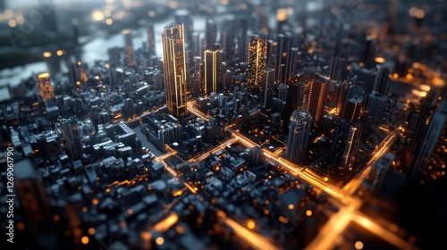 A stunning telecommunications landscape shot in the studio, featuring a dense urban environment covered in glowing 6G network nodes