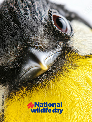 Close-up of a small bird's face, vibrant yellow and black feathers photo