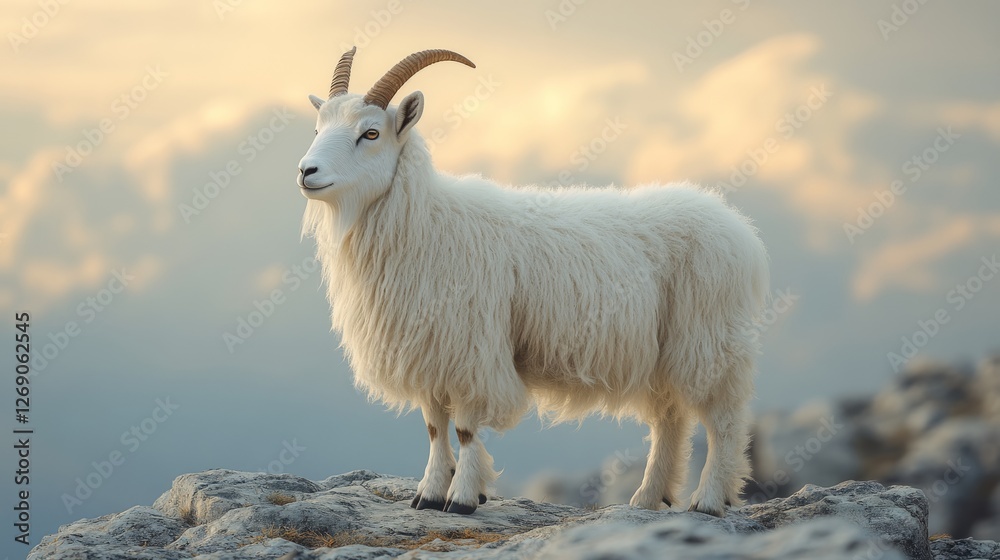 Fototapeta premium A white mountain goat balances on rocks amidst soft clouds