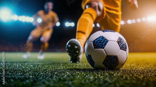 Intense soccer match action soccer field close-up night game player footwork and ball dynamics