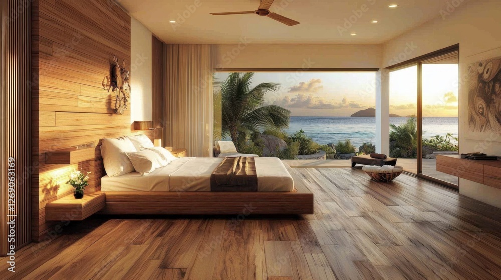 Fototapeta premium Luxurious bedroom with ocean view at sunset in a tropical resort setting