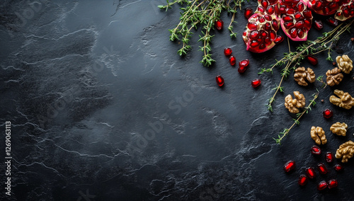 A display of pomegranate seeds, thyme and walnuts on a black textured background creates an abstract dish and a visually stunning presentation of the restaurant's menu.