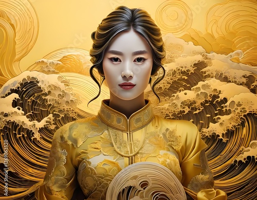 Golden Goddess:  A  portrait of a serene woman in a traditional yellow  dress, set against a backdrop of intricately carved waves in gold tones.