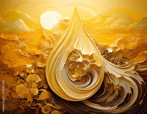 Paper Art - Golden Drop:  A  water drop made of folded paper and a sun rise in the back, an abstract paper art piece, full of creative energy and hope.  