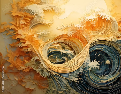 Whirlwind of Paper Waves: A mesmerizing, abstract artwork depicts crashing ocean waves crafted entirely from meticulously layered paper.