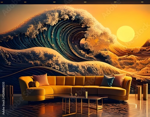 Sea of Serenity: An abstract wave mural in hues of blue and gold dominates a contemporary living room, invoking a sense of tranquility and awe. The wave, reminiscent of a Japanese woodblock print.