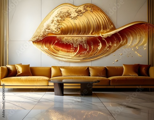 Golden Wave Lips Art: A modern, luxurious interior design featuring a large, gold, wave-shaped lip art piece above a mustard yellow velvet sofa.  The artwork is striking and eye-catching.
