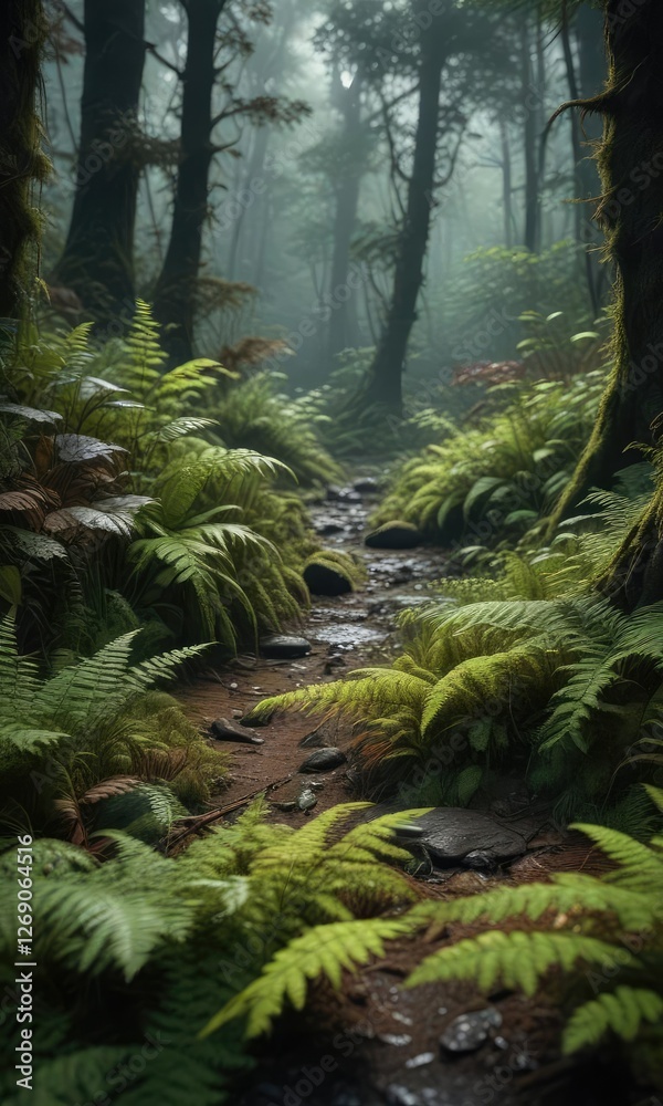 Dark forest floor with mossy texture and ferns, dark green background, ferns Dark forest floor with mossy texture and ferns, dark green background, ferns