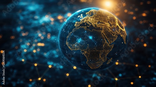 A floating wireframe Earth with glowing connections forming arcs, light pulses moving along them, symbolizing global connectivity. photo