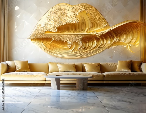 Golden Lip Wall Art: A captivating modern interior design featuring a striking, golden lip-shaped wall sculpture as a focal point. The luxurious.