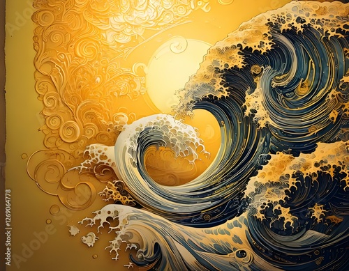 Golden Wave: A breathtakingly detailed depiction of a powerful ocean wave, crafted in a dynamic and mesmerizing style, reminiscent of traditional Japanese art.