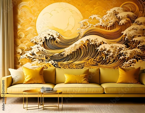 Golden Wave Wall Mural: A stunning gold and black wave design mural adorns a living room wall, creating a dramatic and luxurious atmosphere. The mural features a large moon and stylized waves.