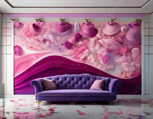 Pink Dream: A luxurious purple velvet sofa sits before a stunning wall mural featuring a whimsical arrangement of pink hats, feathers, and clouds, creating a dreamy and feminine atmosphere.