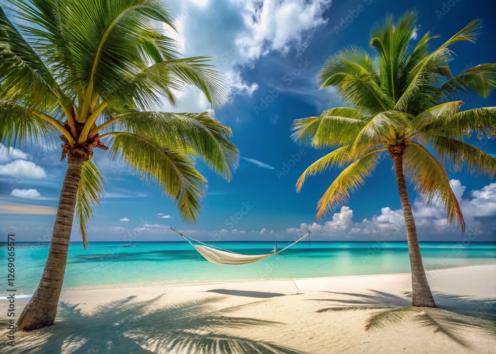 Obraz premium Minimalist Tropical Beach Panorama: Hammock, White Sand, Calm Sea