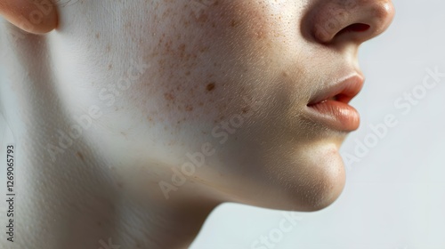Close Up of Freckled Face: A close up view of a young person's face, highlighting their delicate skin with freckles and subtle imperfections, a candid glimpse into the beauty of individuality.